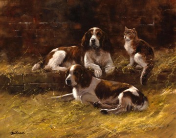 Springer Spaniels y un cachorro de gato Pinturas al óleo